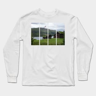 Wonderful landscapes in Norway. Vestland. Beautiful scenery of houses with grass roof. Norwegian traditional architecture Mountains, trees and snow in background. Cloudy day Long Sleeve T-Shirt